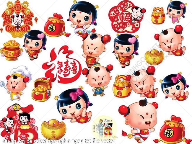 nhung em be stiker ngo nghin ngay tet file vector